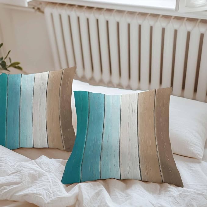 Throw Pillow Covers 24x24 Inch Set of 2, Aqua Brown Ombre Waterproof Outdoor Cushion Covers, Vintage Country Wooden Decorative Pillowcases for Couch, Sofa, Bed, Garden, Patio