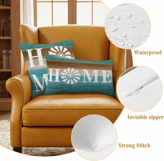 Outdoor Pillow Covers Set of 2, Home Windmill Farmhouse Wooden Decorative Throw Pillow Covers 16X16IN, Farm Teal Wood Board Throw Pillows Protector Cushion Case for Patio,Couch,Sofa,Garden
