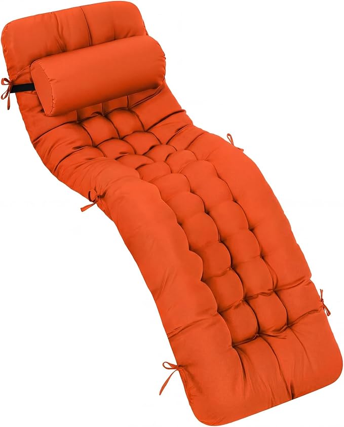 Tudomro Outdoor Chaise Lounge Cushion 66x21x4'' Waterproof & Fade-Resistant Patio Pool Chaise Lounge Cushion Headrest Pillow Tie Replacement Rocking High Back Chair(Bright Orange,1 Pcs)
