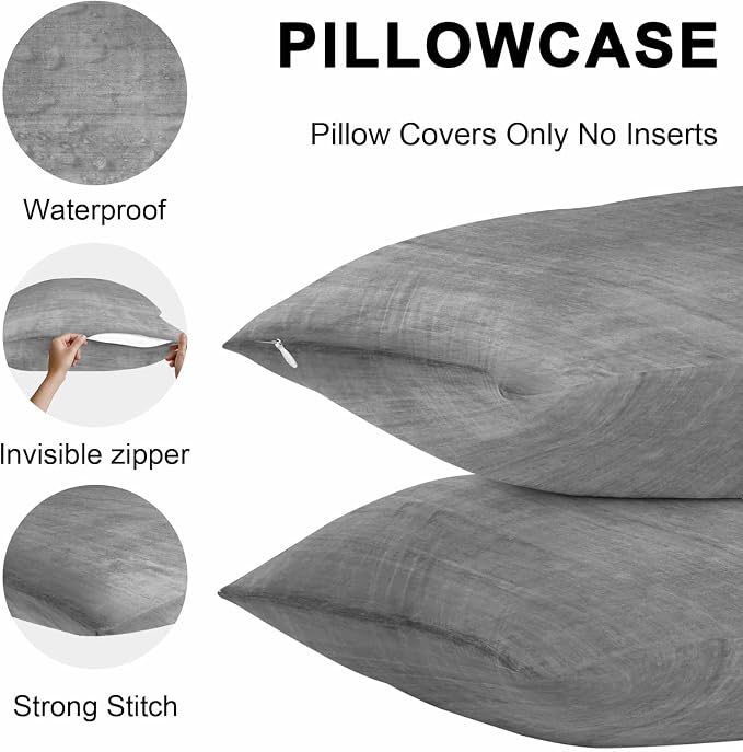 Vandarllin Outdoor Throw Pillows Covers 20x12 inch Set of 2 Waterproof Grey Linen Decorative Zippered Cushion Covers for Patio Furniture, Solid Color Texture Lumbar Pillowcases