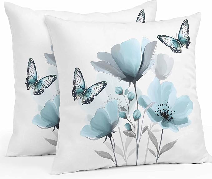 Spring Blue Tulip Waterproof Outdoor Pillow Covers Set of 2 Home Decor, Pastoral Botanical Florals Simple Pillowcase Patio Pillow Covers for Couch Bench Furniture Garden 26x26in