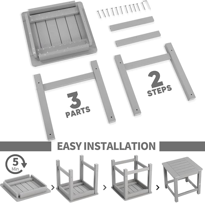 Outdoor Side Table Set of 2, HIPS Plastic Composite Adirondack Patio Table, Weather Resistant End Tables for Outside, Indoor, Patio, Garden, Pool, Porch, Backyard, Lawn, Deck - Grey