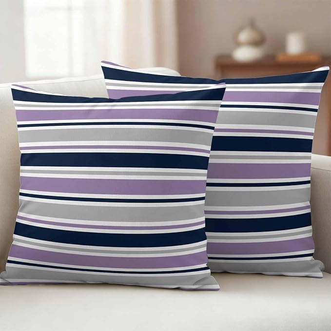 Outdoor Pillow Covers 16 x 16 Inches, Purple Grey Striped Waterproof Throw Pillow Cover Set of 2, Farmhouse Stripes Modern Abstract Art Decorative Square Cushion Covers for Patio/Couch/Garden