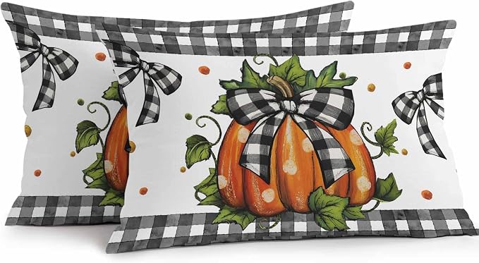 Orange Pumpkins Outdoor Waterproof Pillow Covers, Polka Dot Bow Fall Maple Leaves Plaid Decorative Rectangle Throw Pillowcase Sofa Cushion Sham for Patio/Couch/Chair, 20"x12" 2 Pack