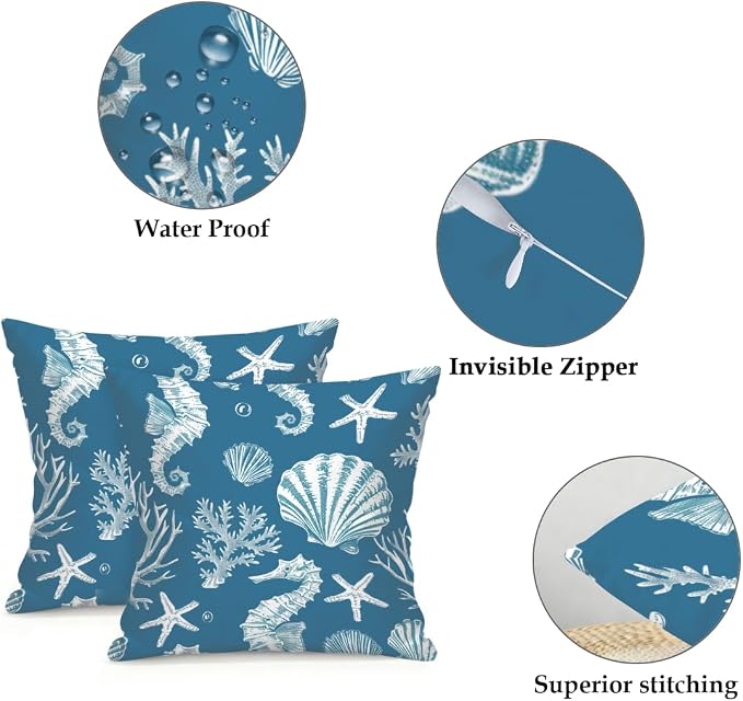 Waterproof Outdoor Pillow Covers Patio Throw Pillow Cases 18x18 Sea Shell | Decorative Throw Pillows Patio Cushion Covers Set of 2, 18x18 Outdoor Pillow Inserts Cover for Couch Chair