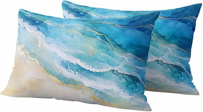 Abstract Waves Outdoor Waterproof Throw Pillow Covers Set of 2, 20"x12", Surrealism Spray Beach Ocean Watercolor Decorative Pillow Covers Outside Cushion Case for Patio Porch Garden