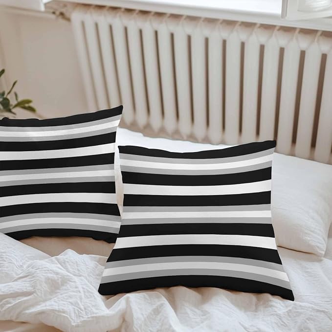 Black Grey Stripe Outdoor Pillow Covers Waterproof, All Weather Cushion Case Set of 2, Minimalist Farmhouse Striped Decorative Pillowcases for Sofa Couch Bed Decor Patio Furniture 16"x16"