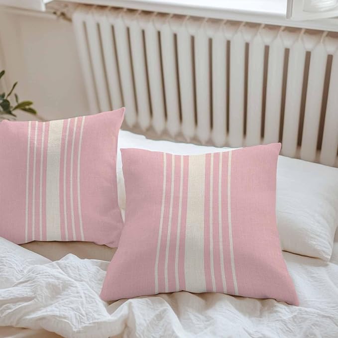 Throw Pillow Covers 24x24 Inch Set of 2, Pink Beige Striped Waterproof Outdoor Cushion Covers, Modern Farmhouse Retro Lines Decorative Pillowcases for Couch, Sofa, Bed, Garden, Patio
