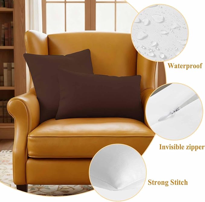 Outdoor Pillow Covers 16 x 16 Inches, Brown Pure Color Waterproof Throw Pillow Cover Set of 2, Aesthetics Contemporary Luxury Decorative Square Cushion Covers for Patio/Couch/Garden