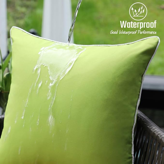 JOJOGOGO Green Outdoor Lumbar Pillow Covers 12x20 Waterproof Set of 2, Apple Green Spring Outdoor Pillows Cushion Covers 12 x 20, Decorative Pillows for Porch Patio Furniture (with White Piping)