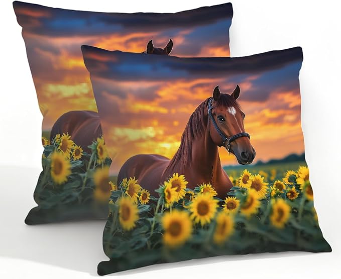 22x22 Inch Outdoor Pillow Covers Set of 2 Waterproof Throw Pillow Covers Decorative Couch Cushion Covers Brown Horse Sunflower Square Pillowcases Protectors for Patio Garden Sofa