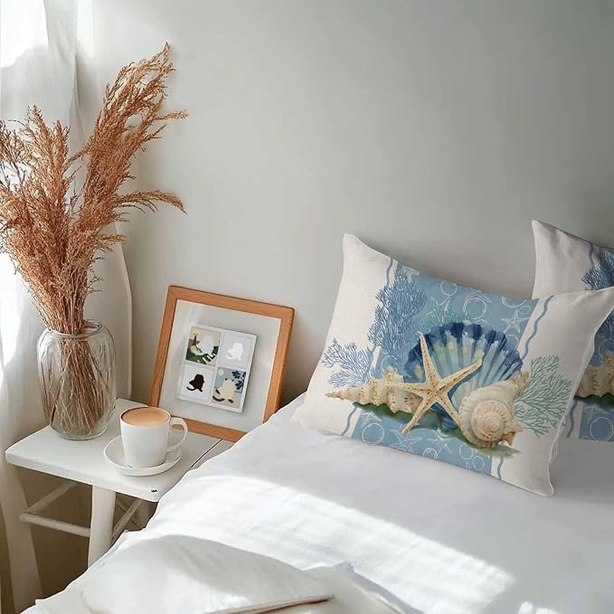 Coastal Oceans Waterproof Outdoor Pillow Covers Set of 2 Home Decor, Summer Beach Corals Shells Starfish Cotton Linen Pillowcase Patio Pillow Covers for Couch Bench Furniture Garden 20x12in