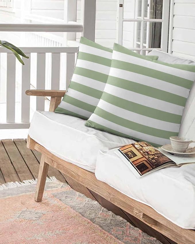 Outdoor Waterproof Throw Pillows Sage Green White Stripes Horizontal Lines Patio Pillows Pack of 2,Decorative Pillow Covers with Insert,Pillow Cushion Case for Garden Couch Sofa Modern Minimalism