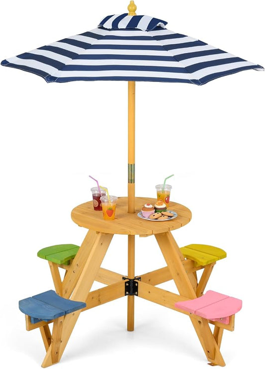 Costzon Kids Picnic Table, 4-Person Wooden Toddler Outdoor Table & Stool Set with Adjustable Umbrella, Wooden Kids Outdoor Furniture for Patio Backyard Lawn Garden