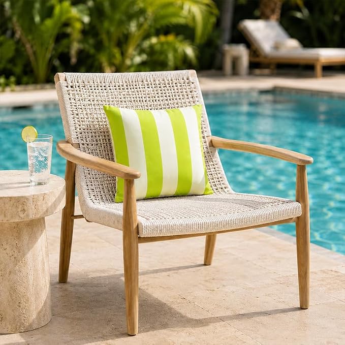 Pack of 2 Outdoor Waterproof Striped Pillow Covers Decorative Throw Covers | 18x18,Green Yellow Garden Cushion Covers, Farmhouse Pillowcases for Couch Sofa Patio Tent Balcony