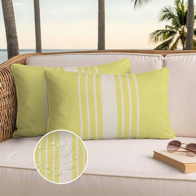 Lumbar Pillow Covers 20x12 Inch Set of 2, Yellow Beige Striped Waterproof Outdoor Cushion Covers, Modern Farmhouse Retro Lines Decorative Pillowcases for Couch, Sofa, Bed, Garden, Patio