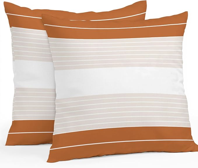 Orange Beige Stripe Outdoor Pillow Covers Waterproof, All Weather Cushion Case Set of 2, Modern Art Horizontal Striped Decorative Pillowcases for Sofa Couch Bed Decor Patio Furniture 18"x18"