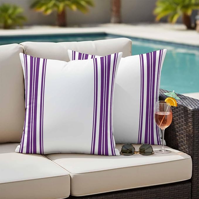 Outdoor Waterproof Throw Pillow Covers Set of 2 Purple Stripes Pillowcases 24x24 Inches White Vertical Striped Decorative Pillows Cushion Case Patio Pillows for Couch Bed Chair Garden