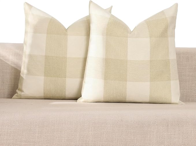 CARRIE HOME Beige Cream Buffalo Check Plaid Pillow Covers 18x18 Set of 2 Neutral Linen Throw Pillow Covers 18 x 18 Neutral Room Decor for Sofa and Couch