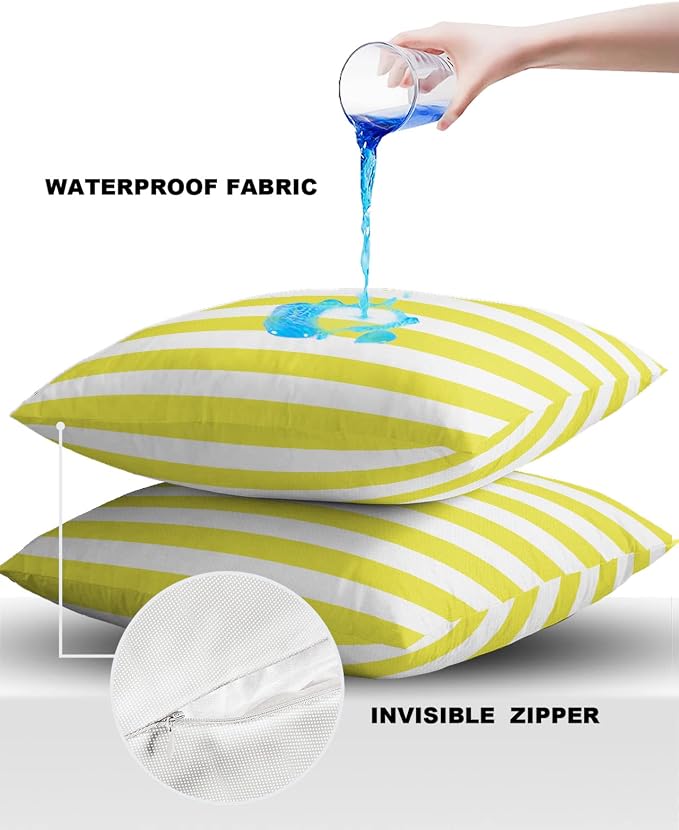 Outdoor Waterproof Pillow Covers for Patio Furniture Yellow and White Stripes Decorative Throw Pillow Cover Solid Striped Pillowcases Set of 2 Cushion Case for Sofa Couch Chair 20 x 20 in
