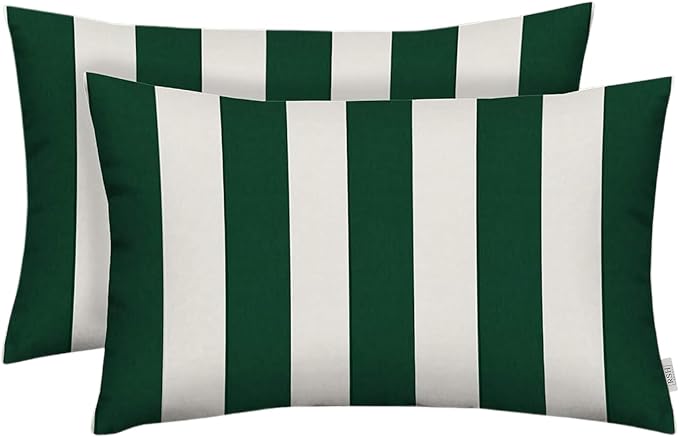 RSH DECOR: Lumbar Jumbo Throw Pillows Set of 2 | 26” x 16" | All-Weather Spun Fabric | Water and Fade-Resistant | Outdoor Support Pillows for Patio Furniture | Hunter Green & White Stripe