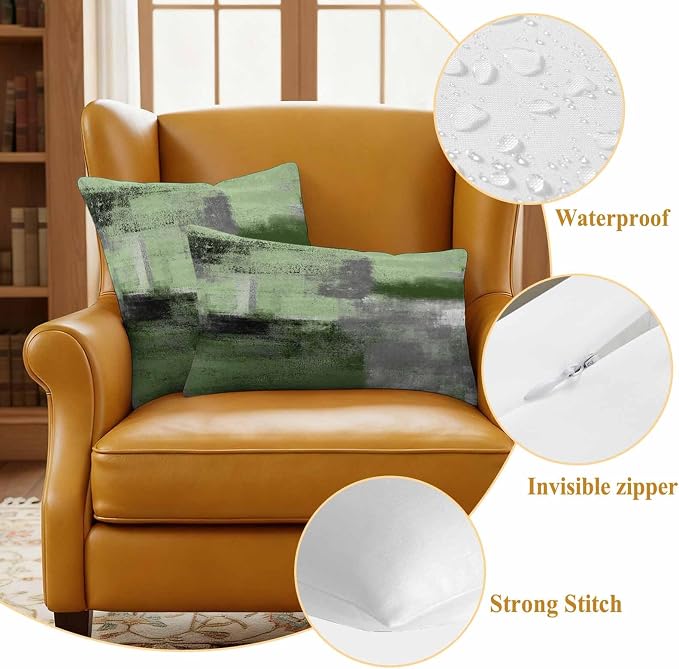 Green Ombre Waterproof Outdoor Pillow Covers Set of 2 Home Decor, Farmhouse Abstract Mottled Texture Art Pillowcase Patio Pillow Covers for Couch Bench Furniture Garden 26x26in