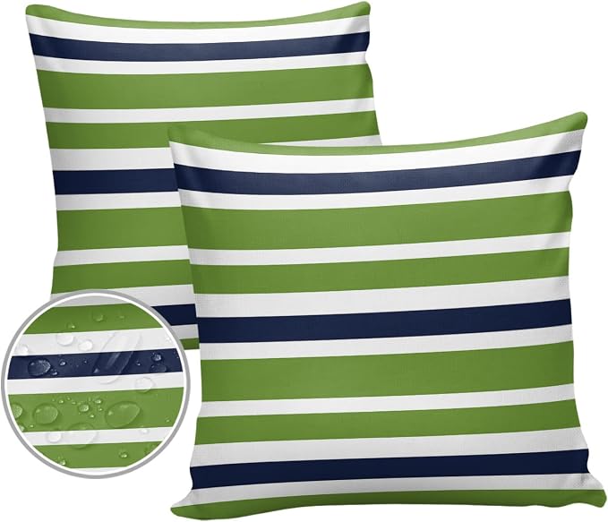 Outdoor Waterproof Throw Pillow Covers Set of 2 Navy Blue Green Stripes Decorative Outdoor Pillows Cushion Case 18x18 Inch Classic Striped Patio Pillows for Couch Sofa Bed Garden Office Home Decor