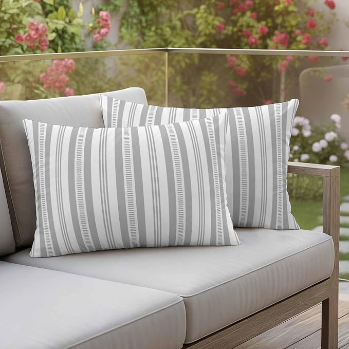 Gery Striped Outdoor Waterproof Pillow Covers, Farmhouse Stripes Modern Geometric Decorative Rectangle Throw Pillowcase Sofa Cushion Sham for Patio/Couch/Chair, 20"x12" 2 Pack