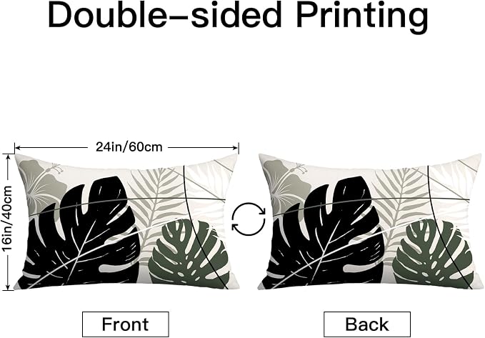 OTOSTAR Outdoor Waterproof Throw Pillow Covers 16x24 Inch Set of 2 Double-Sided Black Grey Tropical Leaf and Flower Spring Summer Decorative Pillow Cases for Patio Funiture Garden Balcony Couch