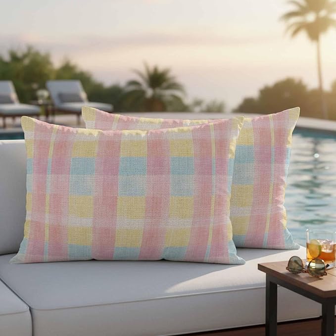 Colorful Plaids Outdoor Waterproof Throw Pillow Covers Set of 2, 20"x12", Pink Blue Yellow Stripes Geometric Rustic Decorative Pillow Covers Outside Cushion Case for Patio Porch Garden