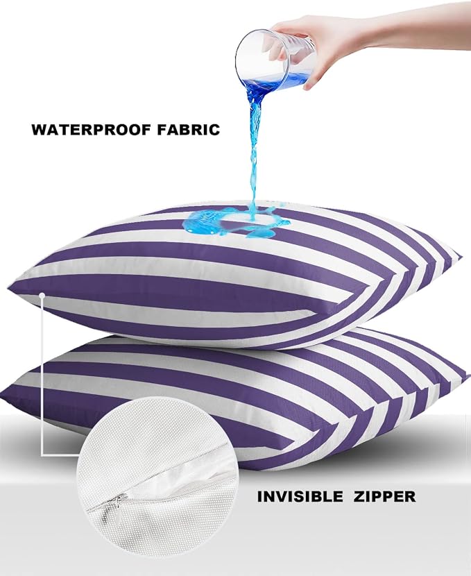 Outdoor Pillows 20x20 Waterproof Outdoor Pillow Covers Purple White Stripes Polyester Throw Pillow Covers Garden Cushion Decorative Case for Patio Couch Decoration Set of 2 Geometric