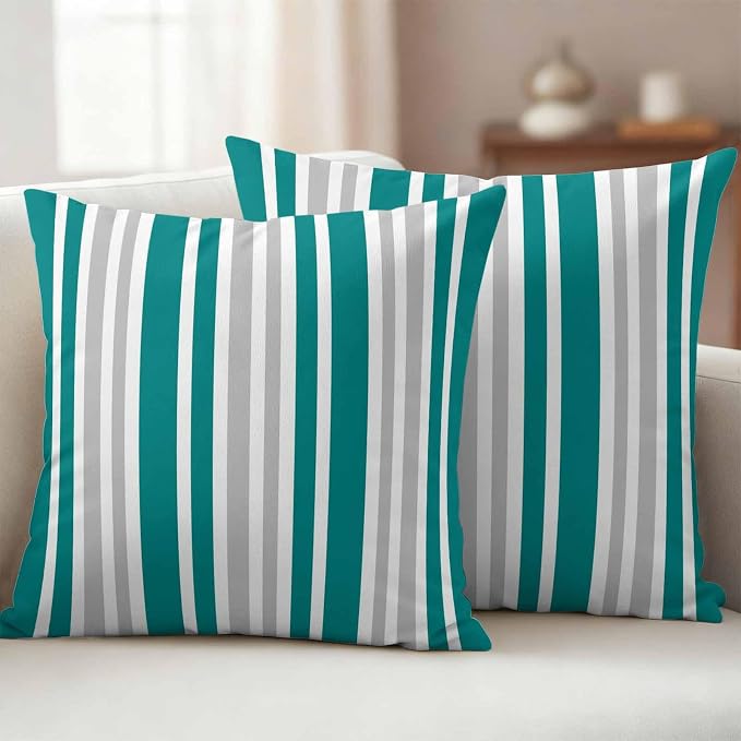 Teal Grey Stripe Outdoor Pillow Covers 26x26 Inch Throw Pillow Covers Set of 2 Waterproof Decorative Pillow Cases Farmhouse Minimalist Striped Cushion Covers for Patio Furniture Garden Couch Sofa