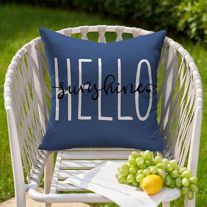 DFXSZ Navy Blue Outdoor Waterproof Pillow Covers 18x18 Set of 2 | Hello Sunshine Decor Spring Summer Polyester Pillow Covers(NO INSERTS)| Decor for Patio Funiture Garden Sofa Couch