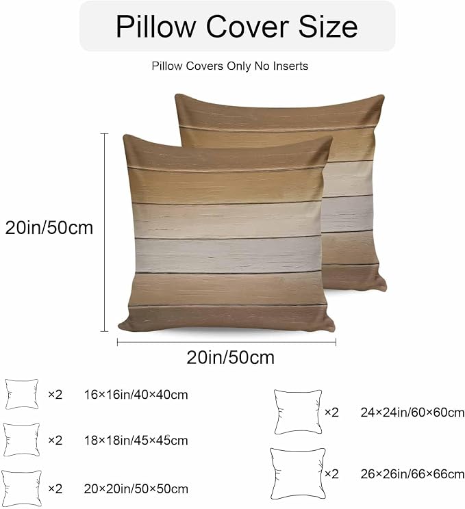 Brown Beige Outdoor Pillow Covers 20x20 Inch Throw Pillow Covers Set of 2 Waterproof Decorative Pillow Cases Farmhouse Vintage Gradient Wooden Grain Cushion Covers for Patio Furniture Garden Couch