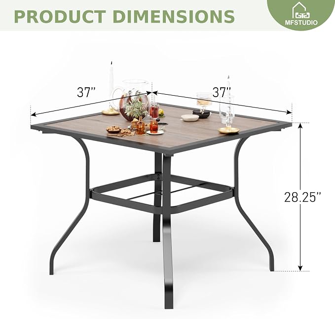 MFSTUDIO 5 Pieces Outdoor Dining Set, Patio Wood-Like Table & 4 Wicker Chairs with Cushions, Outdoor Rattan Dining Furniture, Patio Square Dining Table for 4, Deck, Backyard