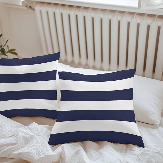Outdoor Waterproof Throw Pillow Covers Set of 2 Navy Blue Stripe Pillowcases 16x16 Inches Simple Style White Striped Decorative Pillows Cushion Case Patio Pillows for Couch Bed Chair Garden