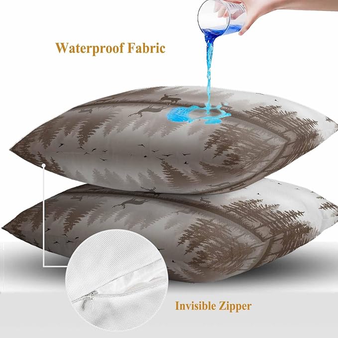 Yukro Brown Nature Landscape Outdoor Waterproof Pillow Covers Pack of 2, Deer Misty Lake Foggy Forest Birds Throw Pillowcases Decorative Cushion Covers for Garden Patio Tent Sofa Couch, 18x18 inch