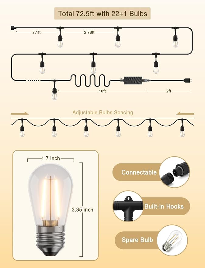 XMCOSY+ Outdoor String Lights,72.5FT Smart Dimmable Edison Bulb Patio Light | Smart App & Voice Control LED String Lights, Custom Schedules, Dimming, Warm White Light for Outside, Yard,Porch, Warerproof