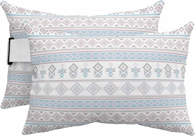 Outdoor Lumbar Pillow Set of 2, Pink Blue Boho Striped Waterproof Beach Headrest Pillow with Inserts, Southwestern Ethnic Tribe Vintage Recliner Throw Pillows for Patio Furniture, 12 x 20