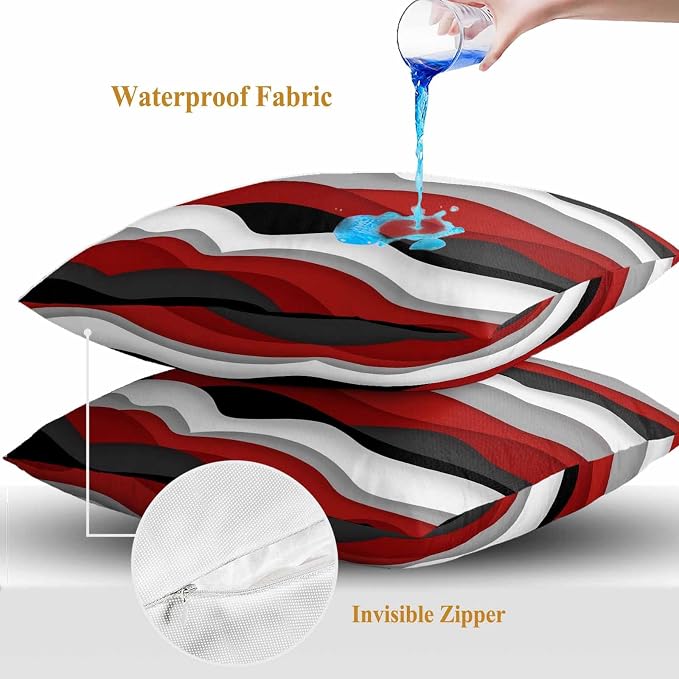 Ocean Waves Outdoor Waterproof Throw Pillow Covers Set of 2, 18"x18", Black Red Wave Gradient Decorative Pillow Covers Outside Cushion Case for Patio Porch Garden
