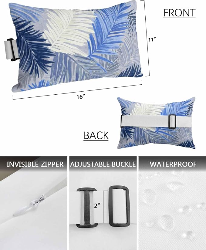 Outdoor Pillows Waterproof Covers Set of 2, Navy Blue Palm Leaves Adjustable Elastic Chaise Lounge Head Resting Pillows, Tropical Leaf Plant Lumbar Pillow for Pool Beach Patio Furniture 11x16 Inch