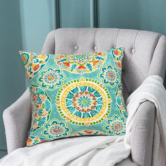 FUNHOME Outdoor Pillow Covers 18x18 Inch Pack of 2, No Insert-Cyan Circle | Square Throw Pillow Covers, Water-Repellent, Modern Pillow Cases for Sofa Patio Couch Decoration