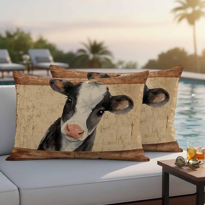 Farmhouse Cow Outdoor Pillow Covers 20x12 Inch Lumbar Pillow Covers Set of 2 Waterproof Decorative Throw Pillow Cases Country Vintage Animals Wooden Grain Cushion Covers for Patio Furniture Garden