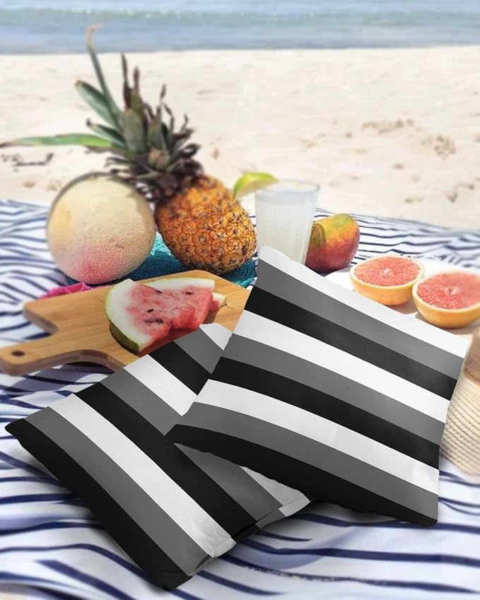 Pack of 2 Modern Stripes Outdoor Pillow Waterproof Covers 20x20 inch, Black Gray White Polyester Throw Pillow Covers Garden Cushion Decorative Case for Patio Couch Decoration