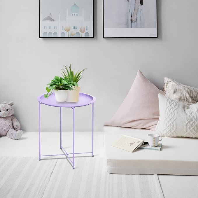 Garden 4 you End Table Metal Side Table Purple Round Folding Tray Cyan Sofa Small Accent Fold-able Table, Round End Table Tray, Next to Sofa Table, Snack Table for Living Room and Bed Room