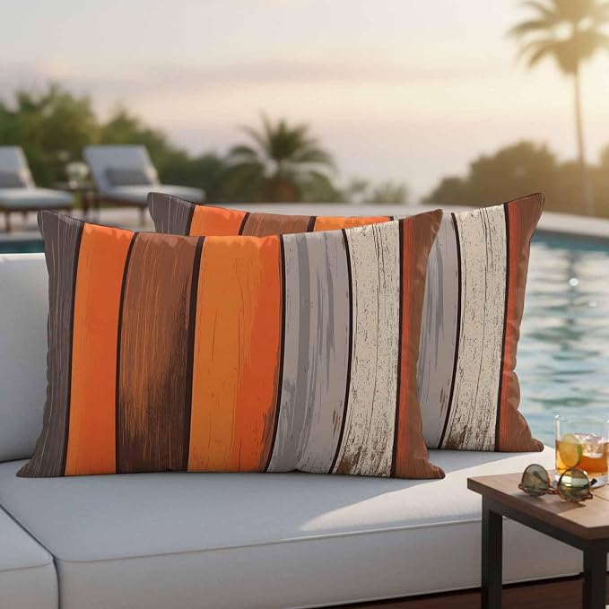 JasmineM Outdoor Pillow Cover 12x20 Inches Set of 2 Orange Brown Gray Striped Waterproof Throw Pillow Covers Retro Wood Grain Decorative Pillowcases Garden Cushion Case for Patio Couch Sofa