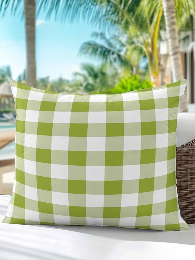 Waterproof Outdoor Pillow 1 Pack Avocado Green Buffalo Plaid Decorative Throw Pillows Cover & Insert 16x16 Inch Pillowcase Check Lines Square Pillows for Couch Sofa Bed Patio Furniture Indoor Outdoor