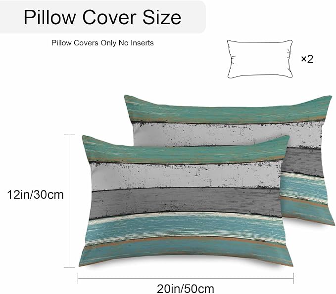 Outdoor Throw Pillow Covers 12X20 Set of 2 Waterproof Teal Green Gray Sea Decorative Zippered Cushion Covers for Patio Furniture, Farmhouse Retro Rustic Barn Wood Texture Lumbar Pillowcases