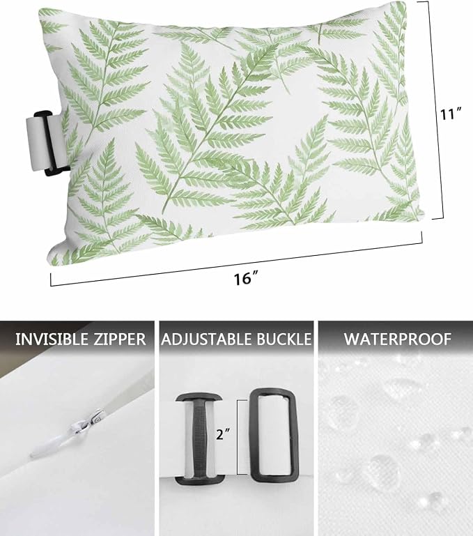 Lumbar Pillow Covers Set of 4, Green Ferns Waterproof Outdoor Chaise Lounge Pillow Covers with Elastic Strap, Spring Summer Botanical Leaves Headrest Pillowcase for Patio, 11 x 16