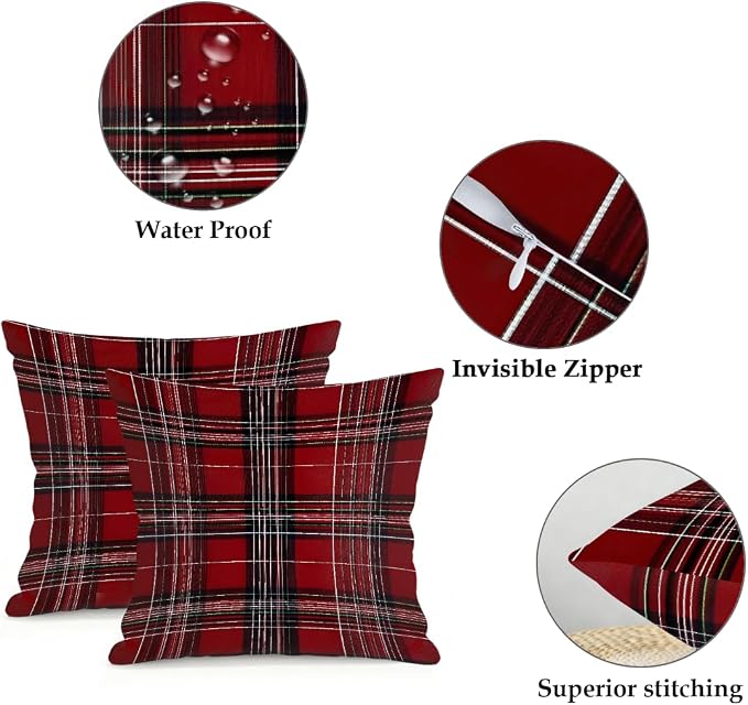 16x16 Inch Outdoor Pillow Covers Set of 2 Waterproof Throw Pillow Covers Decorative Couch Cushion Covers Buffalo Checkered Red Square Pillowcases Protectors for Patio Garden Sofa